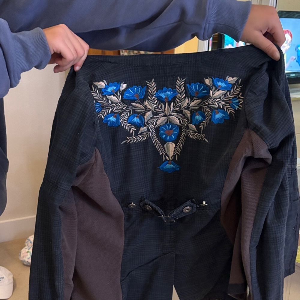 Free People Black and Brown Jacket with Blue Embroidery